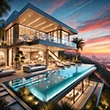 A luxurious modern villa in Beverly Hills USA featuring state of the art smart home technology a resort style infinity pool and panoramic city views at sunset 110x110px